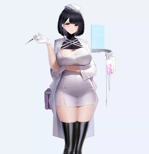 LF Color Source: 1girl, probably from a game, black hair, nurse outfit, big breasts, needles, iv bags, tight outfit, stockings, gloves