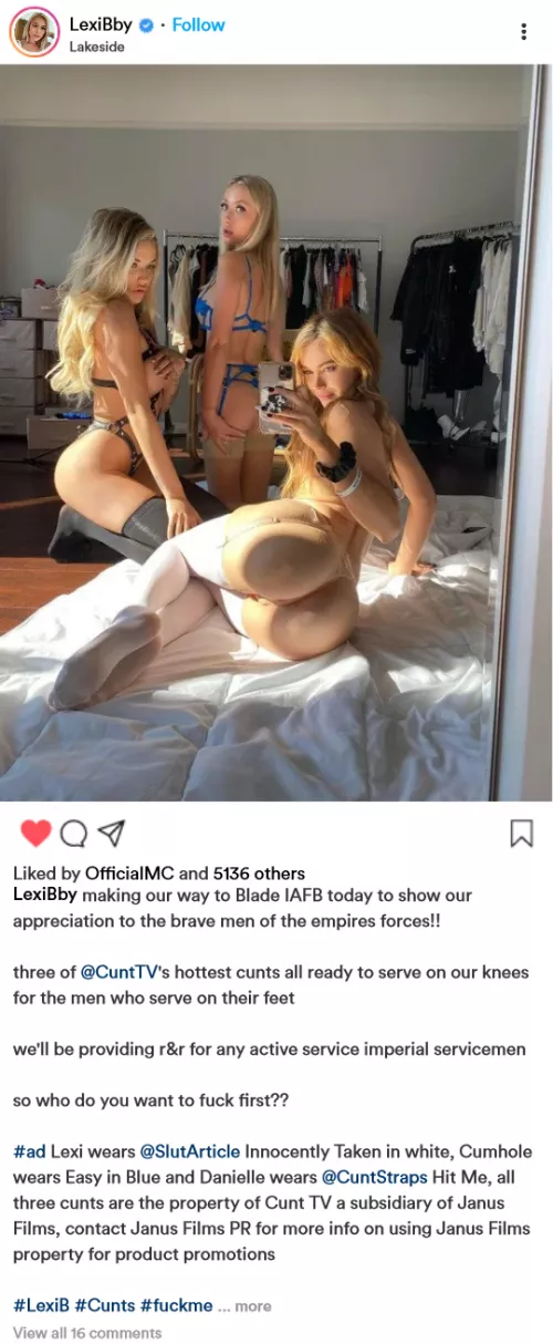 (cuntagram) - @LexiBby troops take your pick!! which cunt are you fucking between fights??