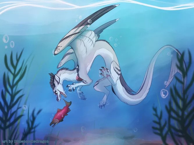 Finished the art of my fisher dragon Paloma diving! [art by me]