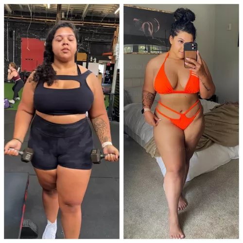 Progress Update!: June ‘21 vs. June ‘22. What one calendar year in the gym can do! Can’t wait to drop more & get bigger tits this fall!