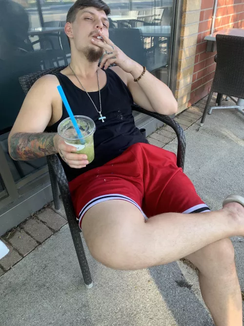 I love taking pictures of my bulge in public 🤭 too big not to curve up 🤣