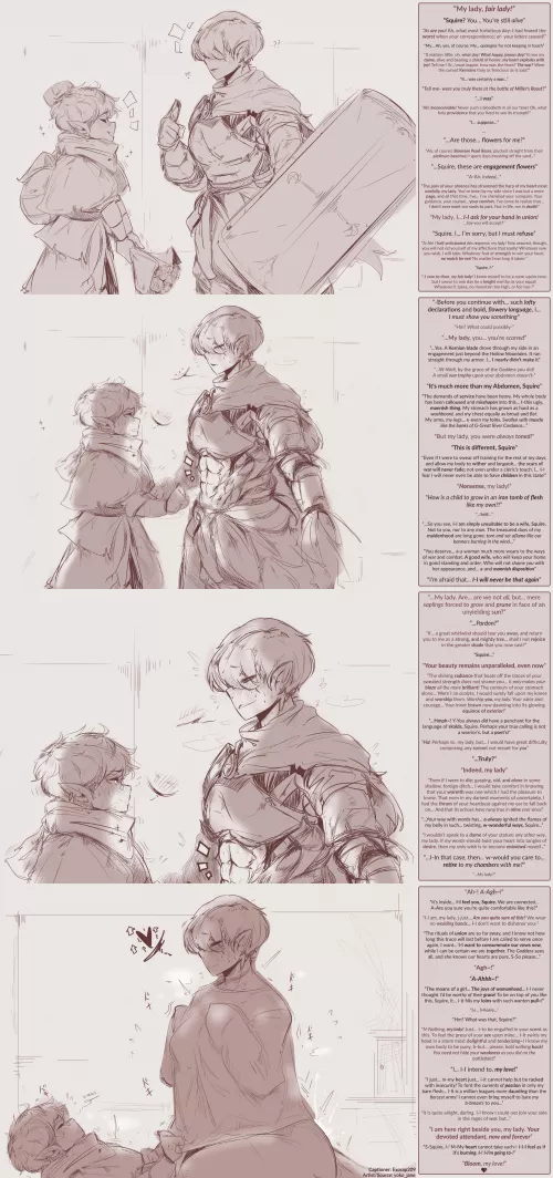 In the Aftermath of War, A Noble Dame returns home to Rediscover her Lost Passion... [Muscle] [Size Difference] [Lady Knight] [Tomboy Rediscovering Femininity] [Sweet] [Romance] [Mild Reference to PTSD]