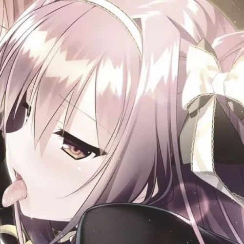 LF Color Source: 1girl, black and white ribbon, tongue out, black clothes, close up, red hair, long hair, looking at out of frame, half closed eyes, hair ribbon, white hair band, side face