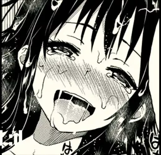 LF Mono Source: 1girl, ahegao, bangs, black hair, breath, close up, cum on face, cum on hair, drool, face, facial, foreign sfx, foreign text, half-closed eyes, looking at viewer, open mouth, panting/heavy breathing, saliva trail, sidelocks, sweat, tears,