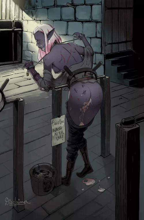 Formerly Queen of the Dark Elves: The terror of all men. Today the dungeon whore: Container of the sperm.