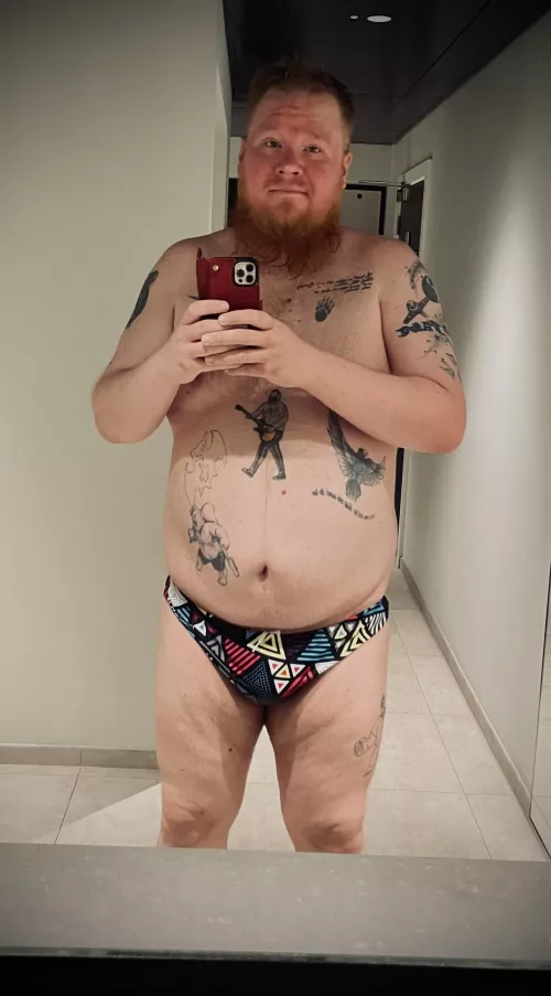 Whenever we go swimming in public. Speedos always