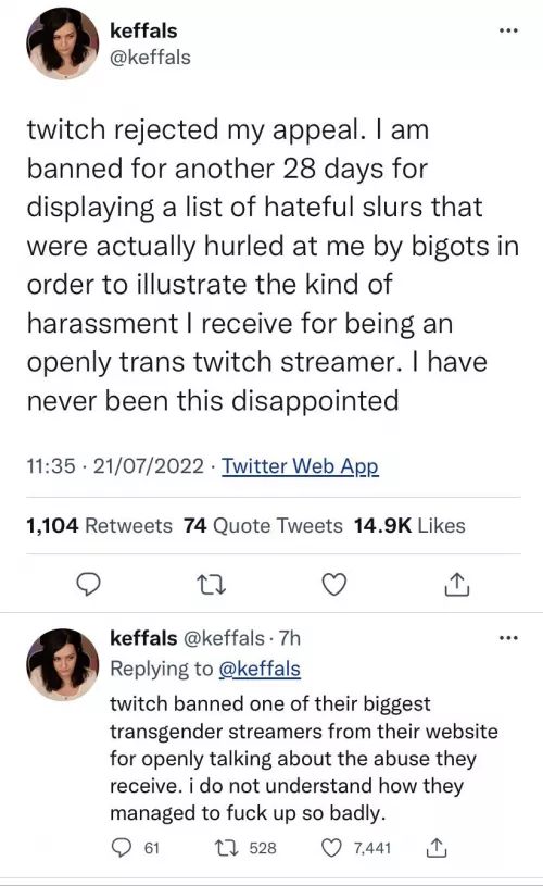 Twitch has banned trans streamer Keffals for openly talking about abuse directed at her