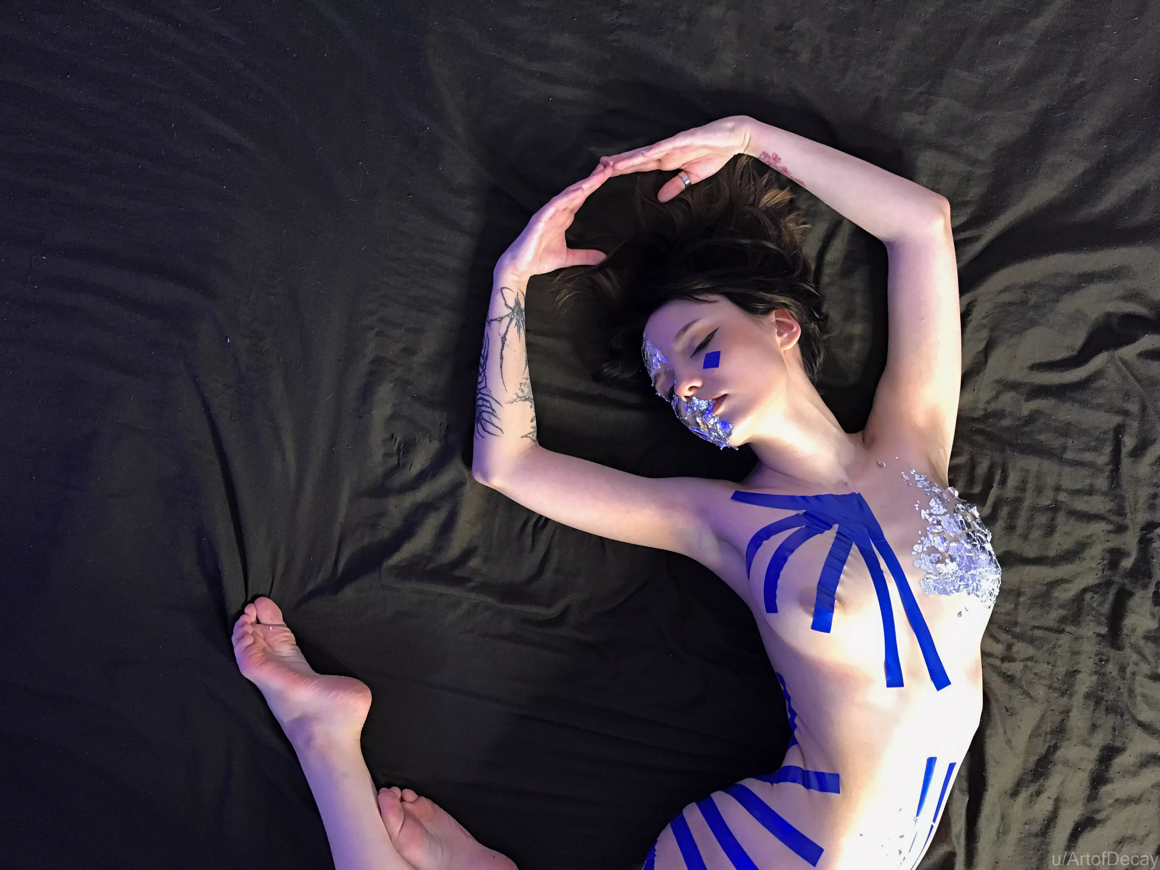 My insulating tape & silver leaf bodyart on Moonua