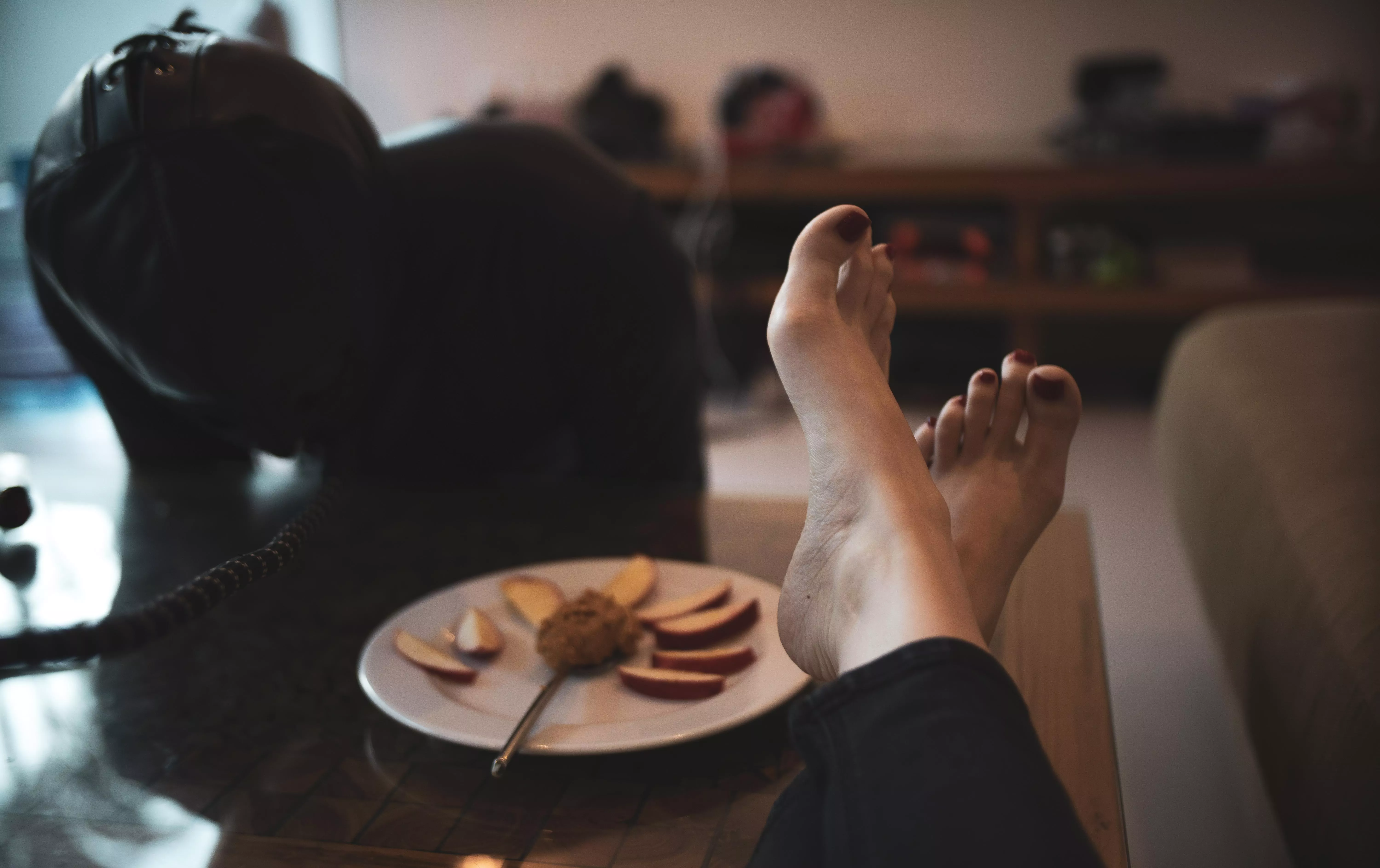 Snack time. Who wants to lick the peanut butter from my feet?