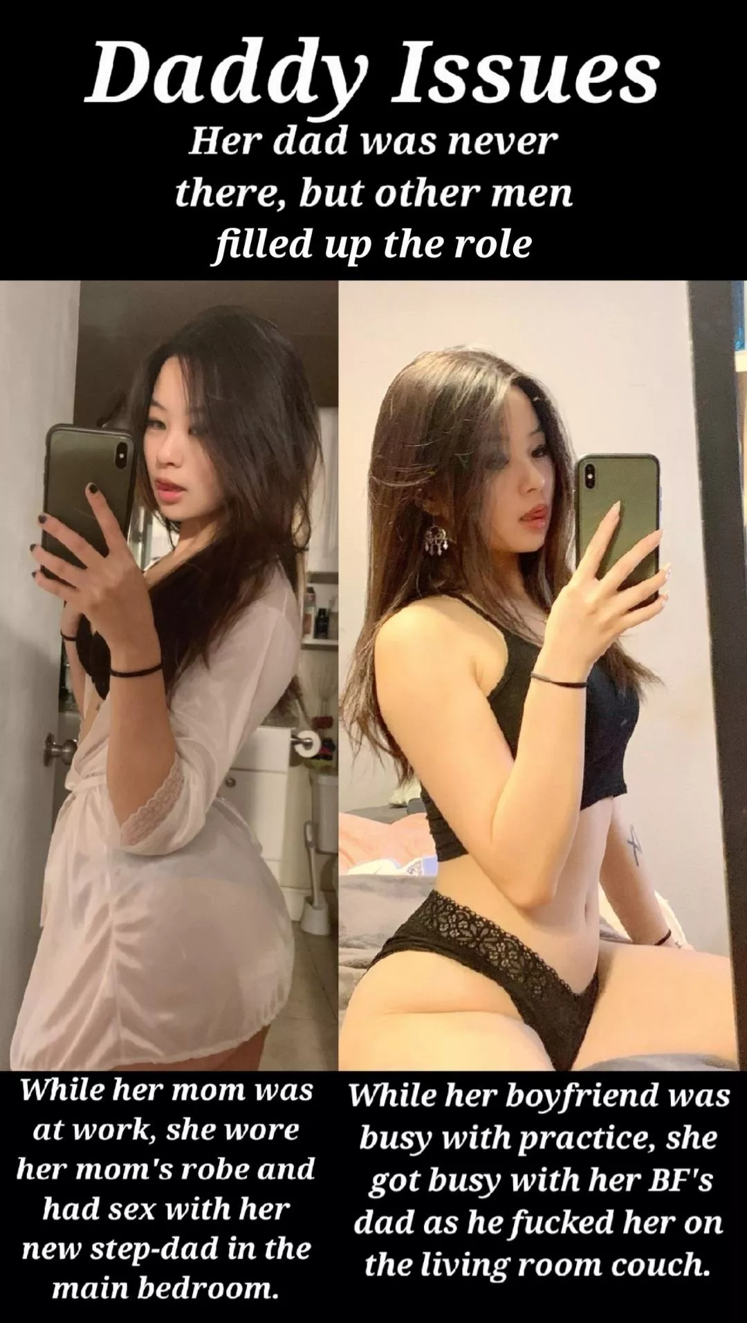 Your girl has some daddy issues. But it wasn't anything your dad and her step-dad couldn't fix. Maybe they can both help her at the same time. Your girl has some daddy issues. But it wasn't anything your dad and her step-dad couldn't fix. Maybe they can both help her at the same time.
