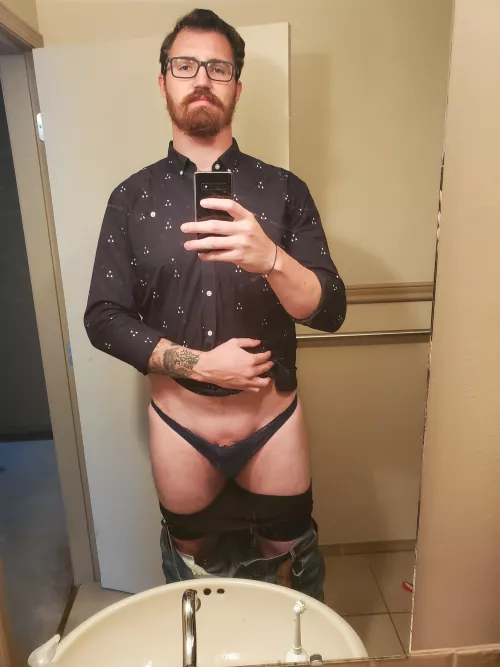 Caged ✅️ Plugged ✅️ Pretty thong ✅️ Now to go to work