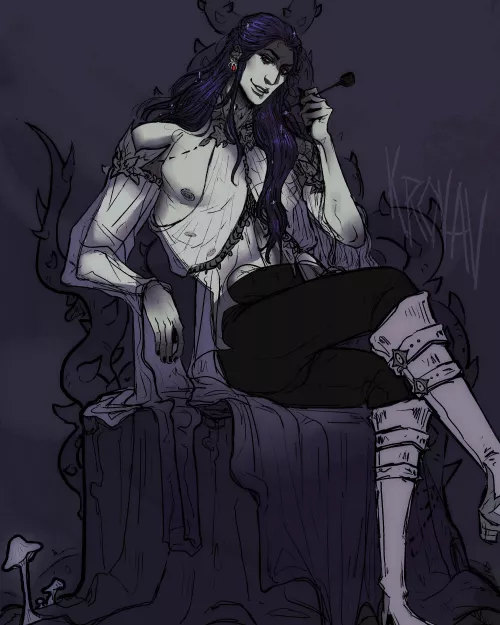 My slut fae OC lording over his court in his usual skimpy attire [artist is me]