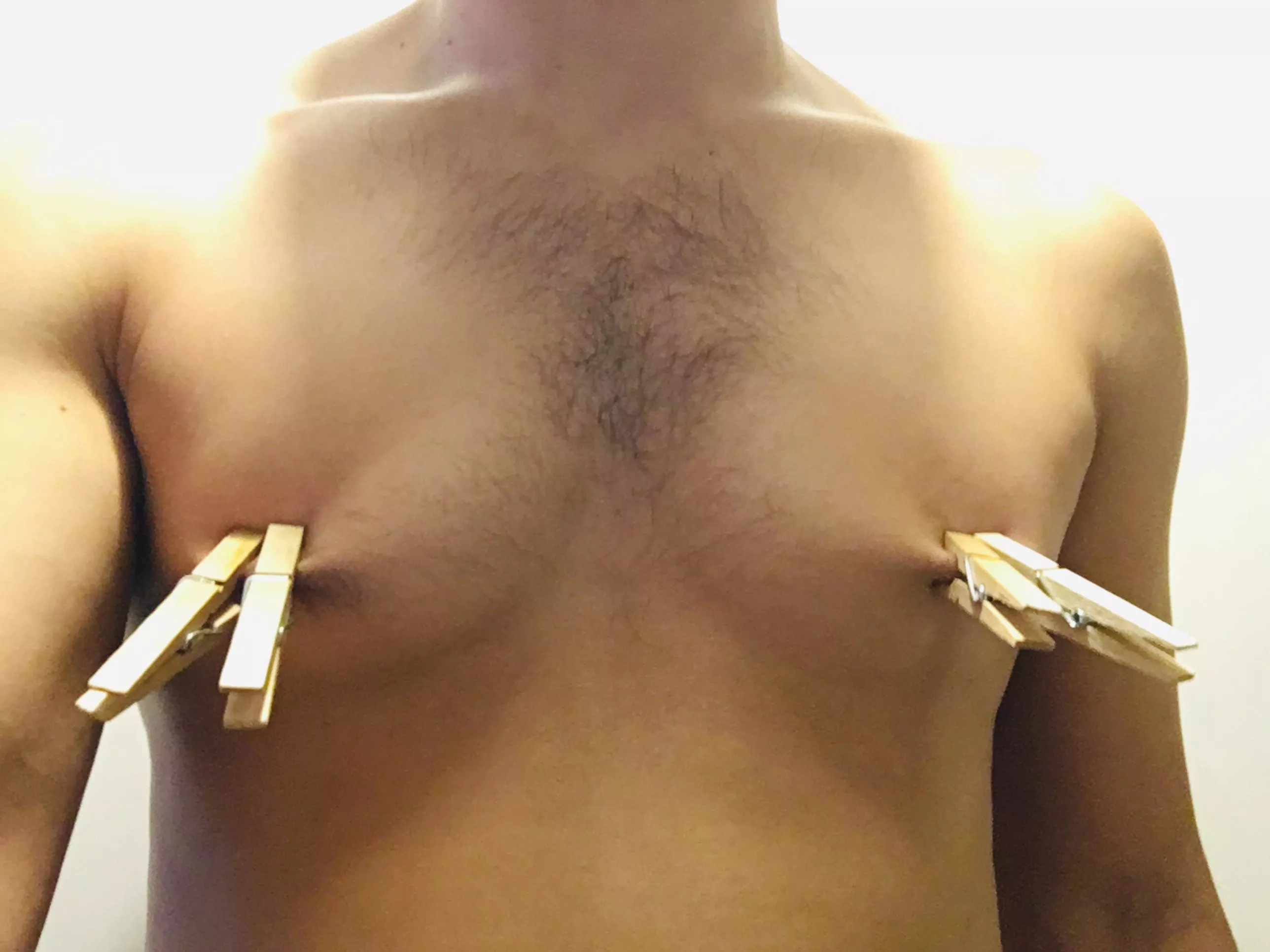 I was challenged to put clothespins on my โnipsโ for 15 minutes by a lovely Redditor. It hurt, but I did it ๐ I was challenged to put clothespins on my โnipsโ for 15 minutes by a lovely Redditor. It hurt, but I did it ๐