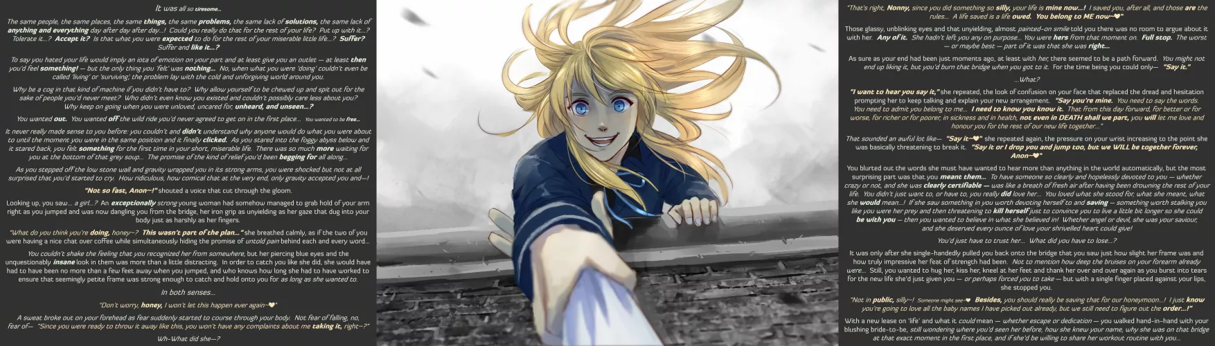 [MxF] As if she'd let you... [TW: Suicide][Wholesome][Yandere][Saviour][Rescued?][Depression][Despair][Bridge...][Marriage?][MtG Caption][Property: Sierra Lee]