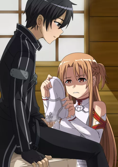 Asuna measures the size of Kirito's small cock and is not happy that Kirito has a small cock (Contettish) [Sword Art Online]