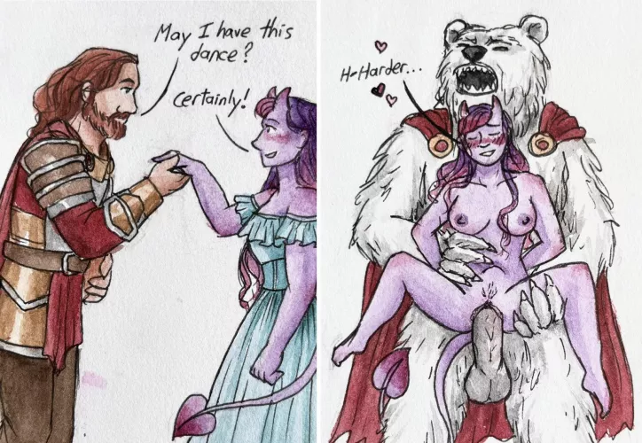 u/CapVisual’s chivalrous knight character, who can also turn into a massive polar werebear. Lila seems to enjoy both of his forms!