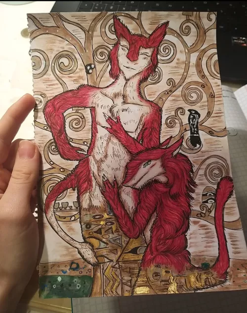 Gustav Klimt inspired fursona drawing i drew for my bf again, i drew this for his birthday <3