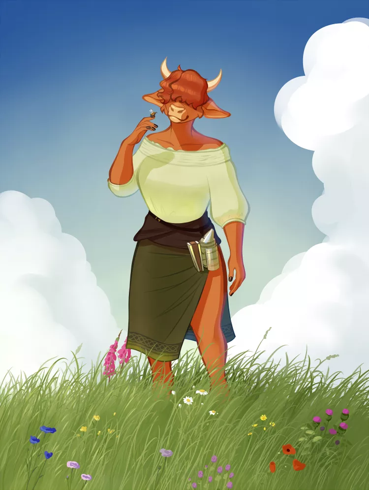 This is Evelyn the Beekeeper. Originally this was just supposed to be a simple character illustration but I loved this character and this pose so much, I HAD to draw her in a flower field. She's a Scottish Highland cow so all of the flowers I illustrate This is Evelyn the Beekeeper. Originally this was just supposed to be a simple character illustration but I loved this character and this pose so much, I HAD to draw her in a flower field. She's a Scottish Highland cow so all of the flowers I illustrate