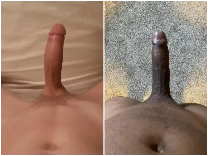 Me (left) vs. u/Yeageristaot compared 😁 I beat him just a tiny bit, both nice cocks!