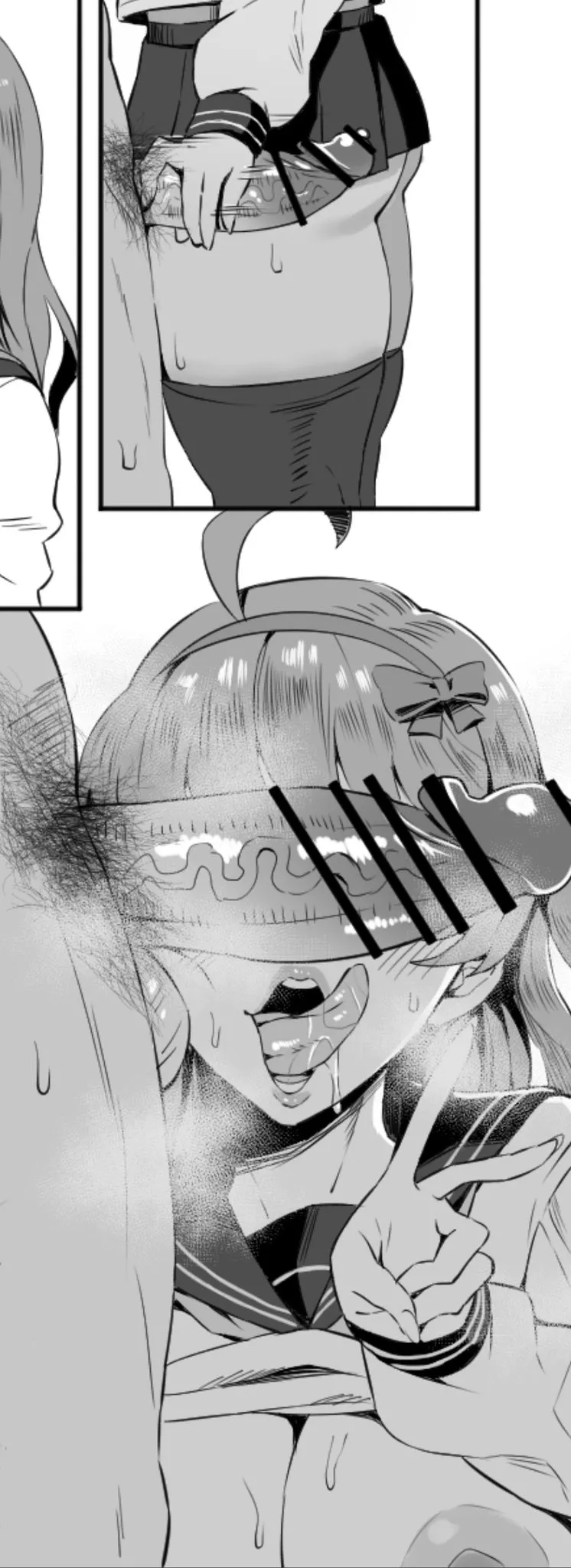 LF Mono Source school uniform, hairband, ahoge, tongue out, drooling, saliva, penis covering eyes, v sign LF Mono Source school uniform, hairband, ahoge, tongue out, drooling, saliva, penis covering eyes, v sign