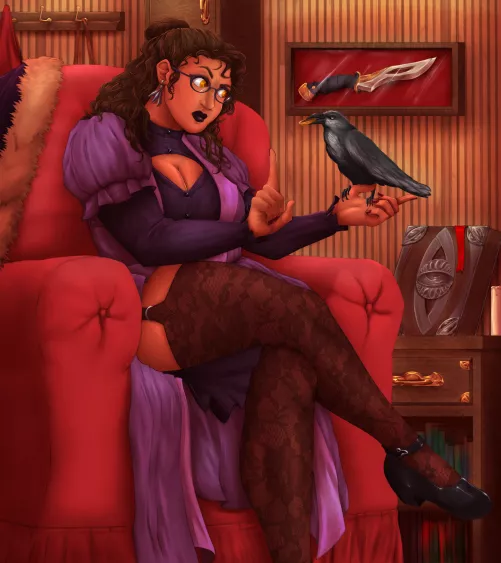 [OC] Merrigold Hook, Transmutation Wizard, defeater of Vecna, chastising her familiar for stealing a wedding ring meant for her