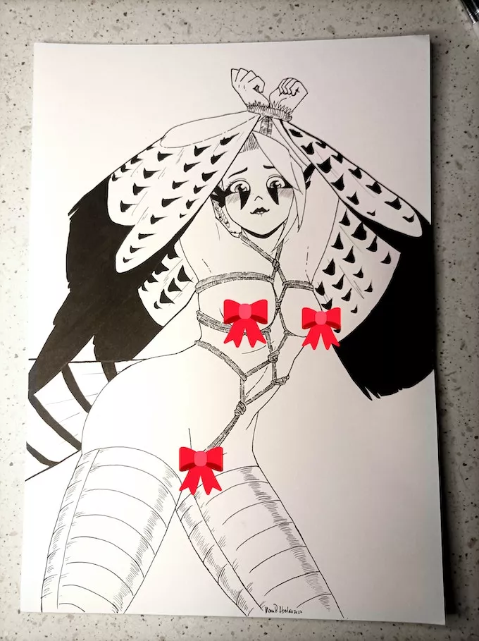 Due to a cancelled pledge this original inked shibari bondage harpy illustration is available as an add-on in my LGBT monster girl comic kickstarter campaign again! link in the comments ❤️ Due to a cancelled pledge this original inked shibari bondage harpy illustration is available as an add-on in my LGBT monster girl comic kickstarter campaign again! link in the comments ❤️