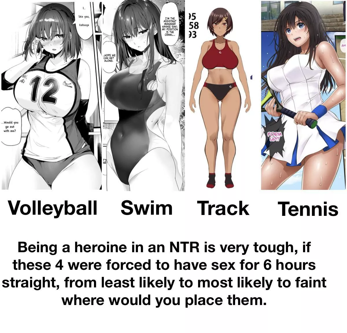 I gotta say track, swim, tennis, then volleyball. Track girls tend to be the most fit and volleyball is not as physically demanding. I gotta say track, swim, tennis, then volleyball. Track girls tend to be the most fit and volleyball is not as physically demanding.