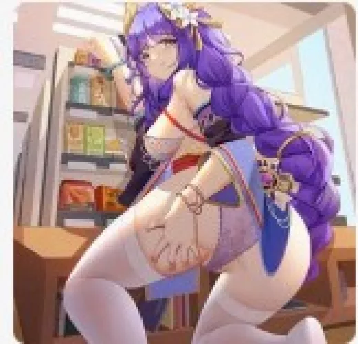 LF Color Source: 1girl, purple hair, long hair, white bra, white thighhighs, hand on ass, braided ponytail, braided, mole, mole under eye, purple eye, smile, bracelet, alternate costume, bare shoulders, Raiden Shogun (Genshin Impact), Genshin Impact