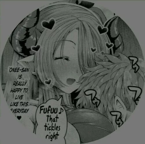 LF mono source: “onee-san is really happy to live like this everyday” “fufuu that tickles right” 1girl, 1boy, head in between breasts, horns, elf ears, blushing, big breasts