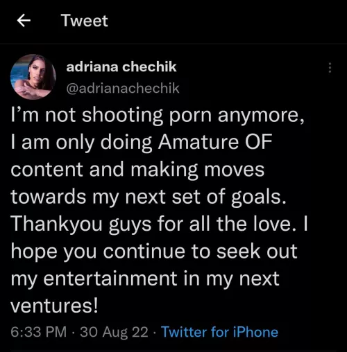 Adriana has officially retired from mainstream. Hell of a run. Thank You Adriana!