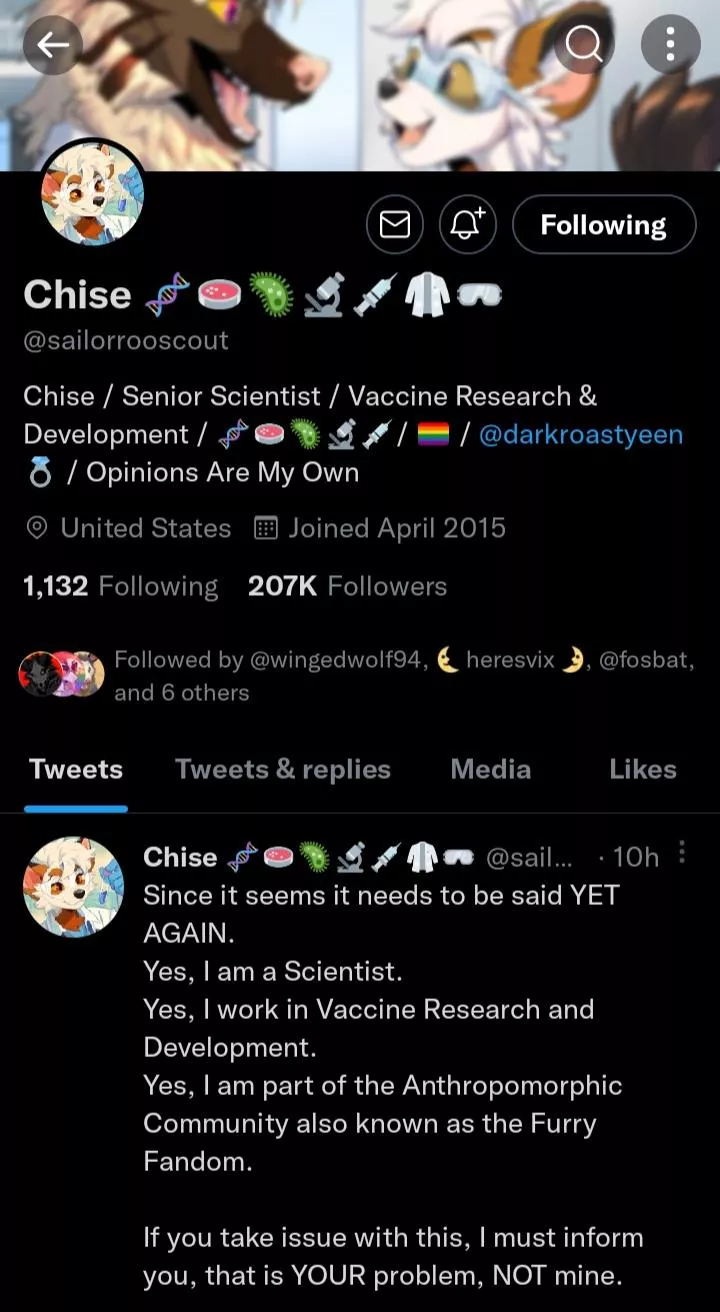 Chise, aka @sailorrooscout on twitter is an awesome account ran by a loud and proud anthro scientist who helped delevop the Covid-19 vaccine! Throw them a follow! Chise, aka @sailorrooscout on twitter is an awesome account ran by a loud and proud anthro scientist who helped delevop the Covid-19 vaccine! Throw them a follow!