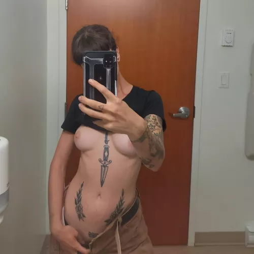 I'm a tradie and work with a crew of men. snuck off to the washroom to take a sneaky nude. imagine they knew what I got up to on reddit 😇 (f)