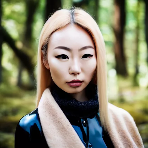 Stable Diffusion: Portrait of a beautiful japanese woman in the forest, black latex shirt, blond hair, close-up on face, wool scarf, dlsr nikon Stable Diffusion: Portrait of a beautiful japanese woman in the forest, black latex shirt, blond hair, close-up on face, wool scarf, dlsr nikon
