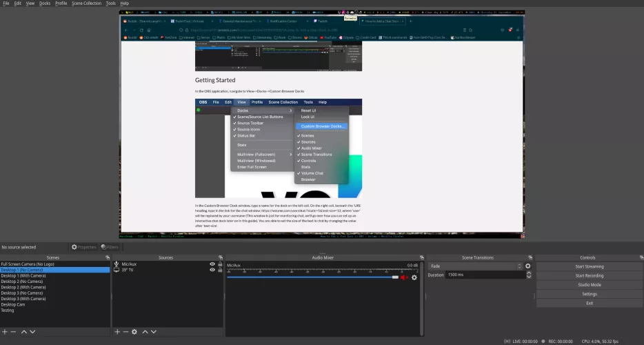 Trying to add Chat Dock in OBS. This is my issue, in the picture, I'm looking at a site that is describing where I need to go. You can see in actual OBS, mine looks much different than what's on the site. How do I put a Chat Dock for Twitch in my OBS p