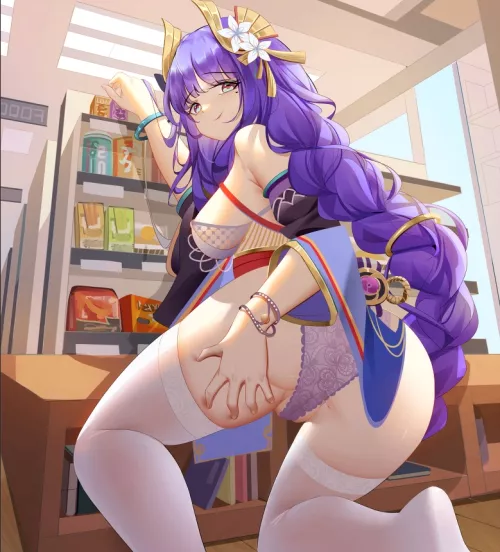 Color 1girl, bare shoulders, books, bracelet, braided ponytail, from behind, hand on own thigh, indoors, kneeling, long hair, looking at viewer, looking back, mole under eye, purple hair, purple panties, raiden shogun (genshin impact), shelf, sideboob, s