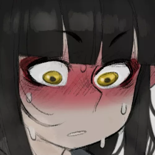 LF Color Source: 1girl, yellow eyes, black hair, blushing, sweating, looking down