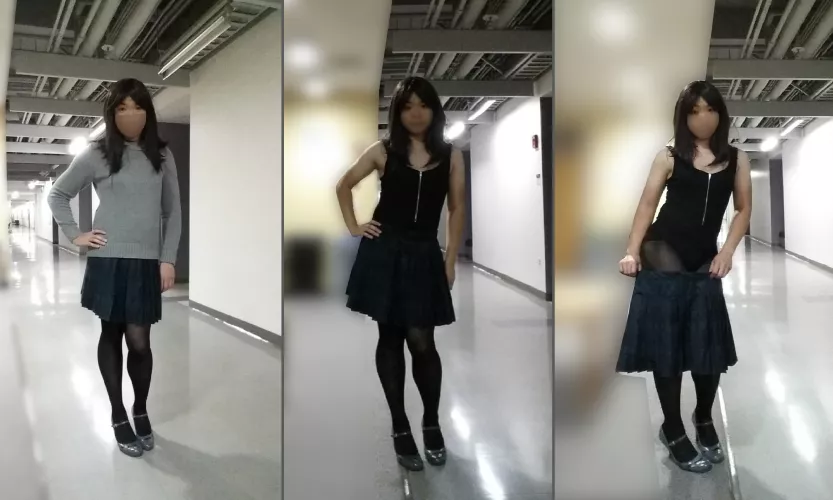 [F] I was bored during overtime, so I stripped off my baggy sweater and plaid skirt at the office entrance to show off the bodysuit underneath my good girl outfit :)