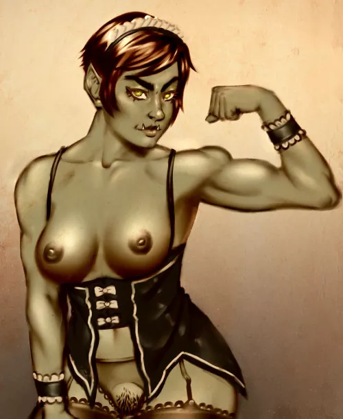 So here's an old one. cute half-orc maid. i did this 2 years ago in a frenzy and have been trying to make something this good since then lol.
