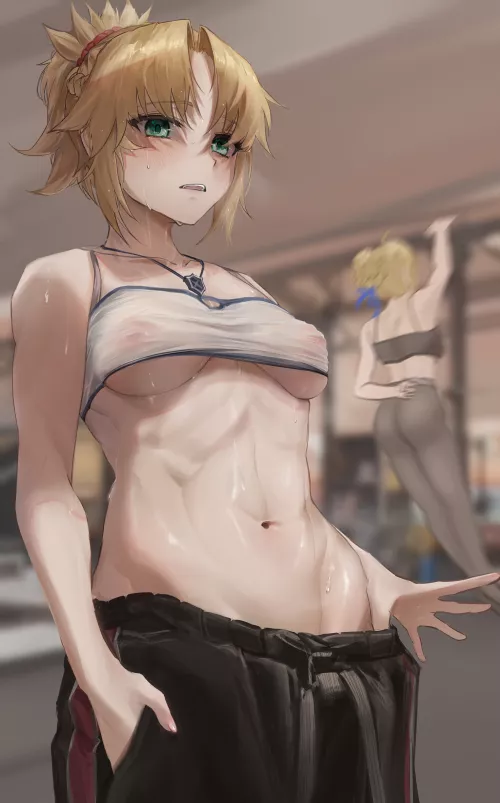 Mordred is working out + Artoria in the background with amazing 1 handed pullups (by ムキ)
