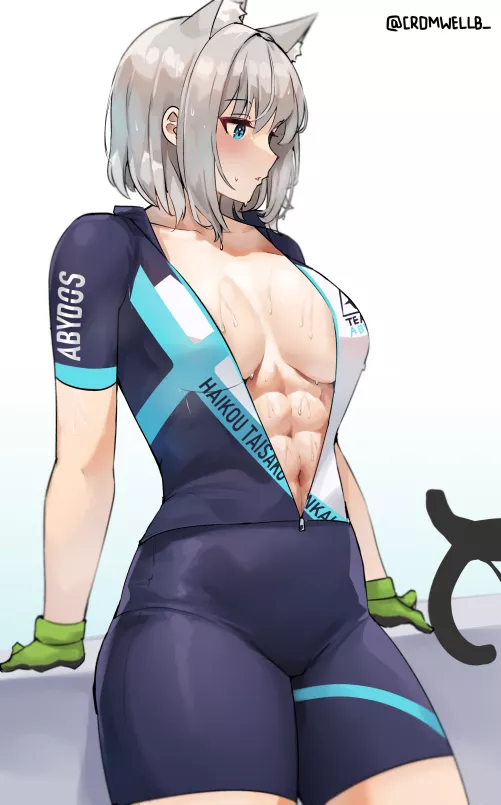 Biker Sunaookami Shiroko showing off her great abs (by cromwellb)
