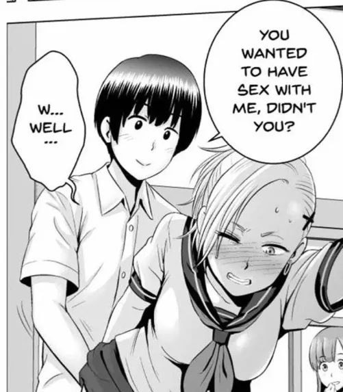 Lf mono source: 1girl, 1boy, “you wanted to have sex with me, didn’t you?”, “w… well…”, gyaru