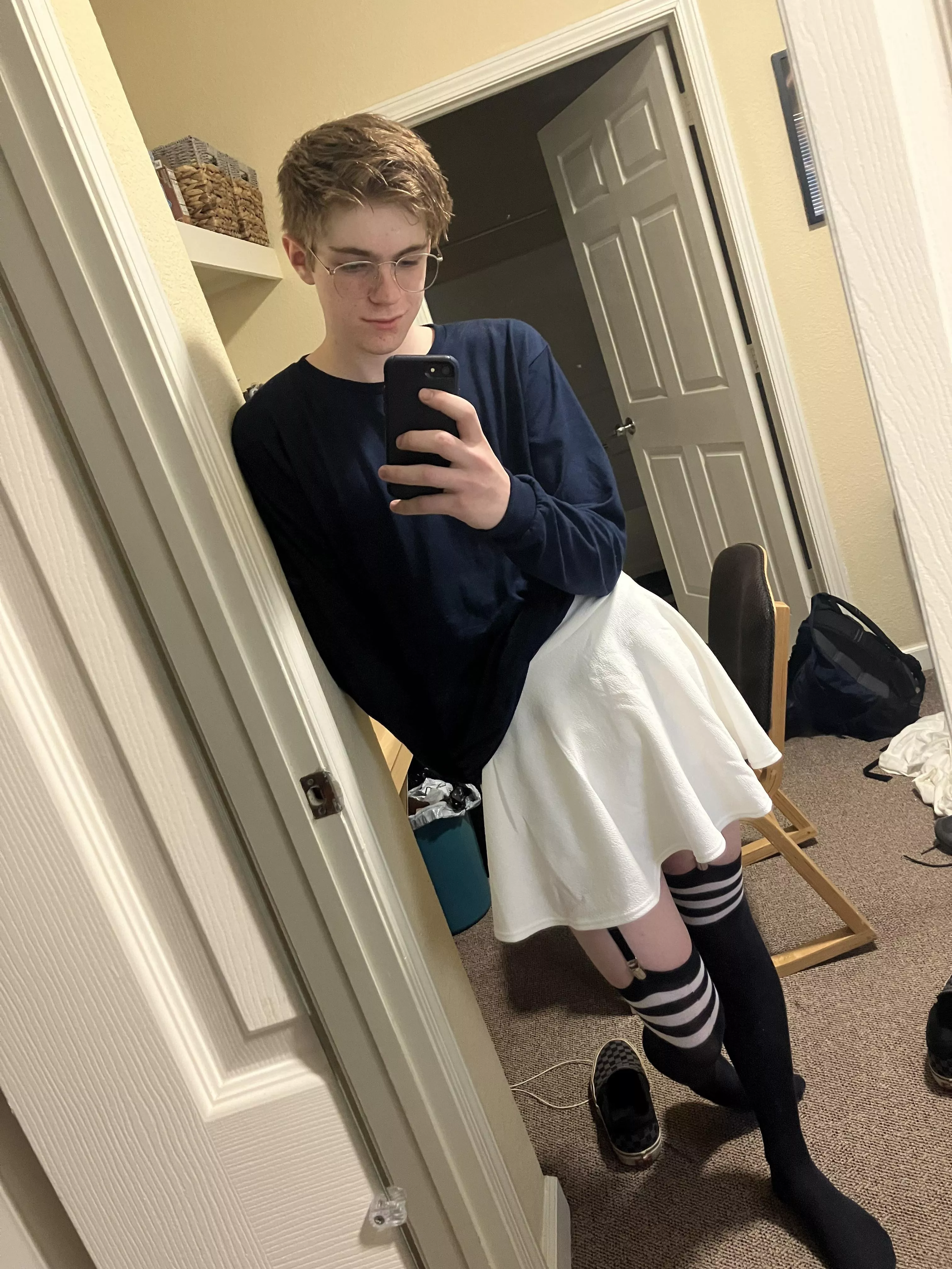 i’m still not convinced with the white skirt even with the navy blue thigh highs and matching skirt