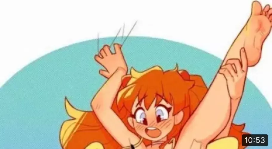 LF Color Source: 1girl, red hair, long hair, looking down, open mouth, choker, legs up, neon genesis evangelion, souryuu asuka langley, arms up, legs grab, 