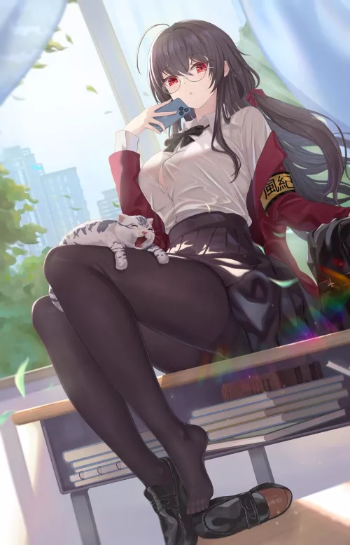 JK Taihou sitting on desk with a yawning cat on her lap [Azur Lane]