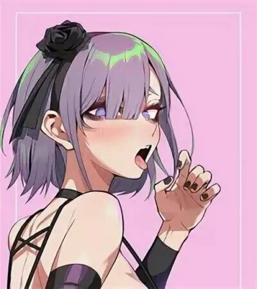 LF Color Source: 1girl, looking at viewer, bare shoulders, bikini, light purple hair, tongue out, hair flower, black nails, elbow sleeve, choker.