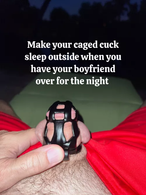My caged cuck sent me this picture from the backyard patio one night.....