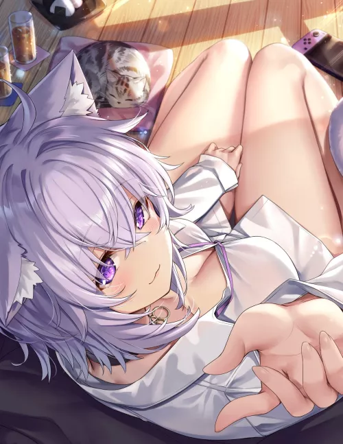 A white button up highlights Okayu’s pale thighs perfectly!