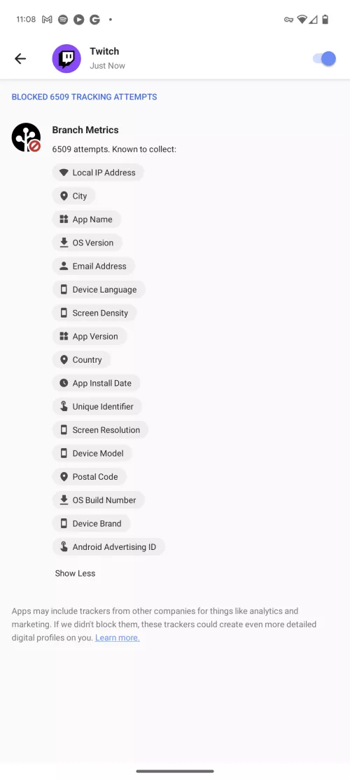 FYI: Twitch App attempted 6500 tracking attempts in the last 7 days.