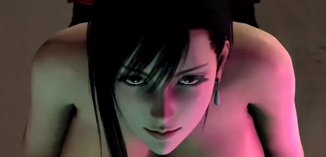 LF Color Source: 1girl, black hair, long hair, tifa lockhart, final fantasy, looking at viewer, big breasts, earrings, looking up, bare shoulder, 3d, animated, video/gif, hair between eyes