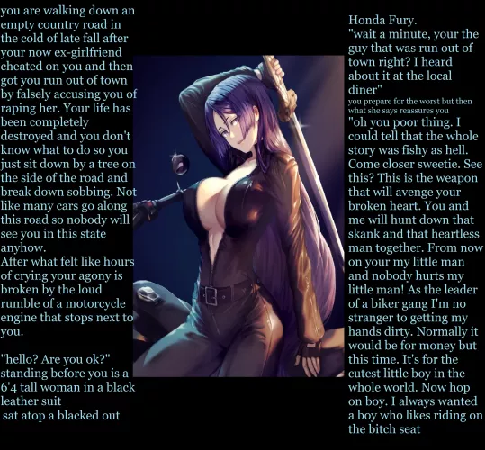 protective biker woman makes you feel better [tall] [dominant] [protective] [rescued] [loving]